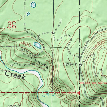 Topo map showing pond and phantom road near Deer Creek, Cultus Mountains, Skagit County, Washington