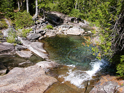 Down Camp Robber Creek from trail bridge, Lake Dorothy, Alpine Lakes, King County, Washington
