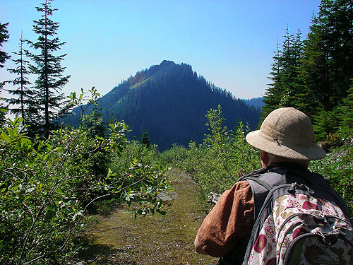 Rod Crawford looking west at Gee Point from mountain 2 miles E of Gee Point, Skagit County, Washington
