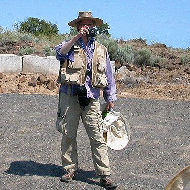Laurel Ramseyer with camera at parking lot, SW corner of Evergreen Reservoir, Grant County, Washington