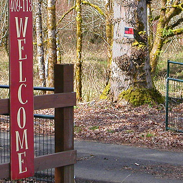 Welcome and No Trespassing signs on same driveway, Galvin Bridge, Galvin, Lewis County, Washington