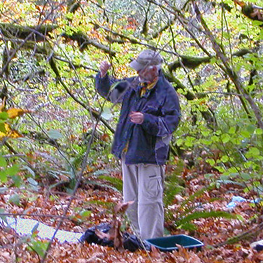 Jerry Austin prepared to sift moss, Goldsborough Creek at Railroad Avenue, Shelton, Washington