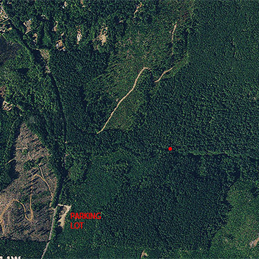 2017 aerial photo: trailhead, parking lot and bridge site, Gold Creek Trail, Green Mountain, Kitsap County, Washington