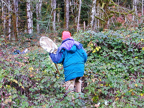 Laurel Ramseyer in blackberry by railroad tracks, mountain above Halford, Snohomish County, Washington