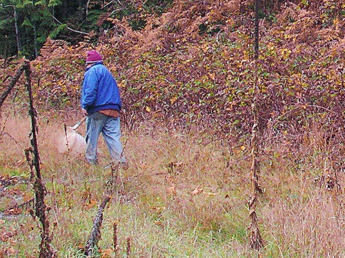 Rod Crawford sweeping grass by railroad, mountain above Halford, Snohomish County, Washington