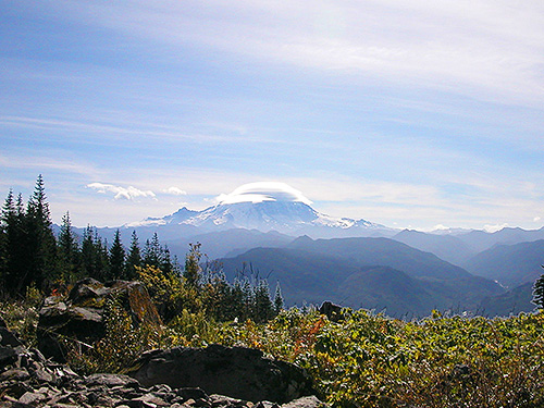 view to the south features Mt Rainier, from 4600', Huckleberry Mountain summit ridge, SE King County, Washington