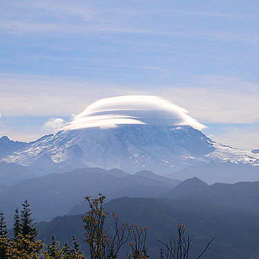 cloud-capped Mt Rainier viewed from 4600', Huckleberry Mountain summit ridge, SE King County, Washington