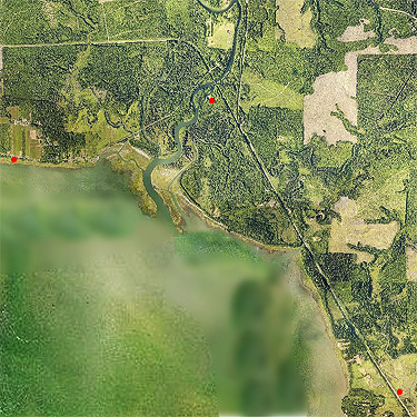 Aerial photo showing 3 Humptulips River area spider sites in red