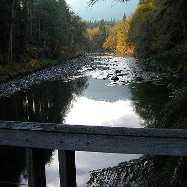 Middle Fork Snoqualmie River downstream from suspension bridge, Middle Fork Trailhead, King County, Washington