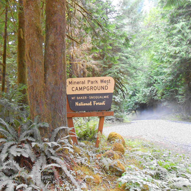 camp entrance by dusty road, Mineral Park Campground, Cascade River, Skagit County, Washington