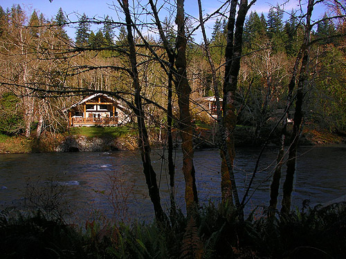 houses across the North Fork Stillaguamish River, Whitehorse Trail 3 miles E of Oso, Snohomish County, Washington