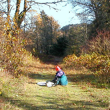 Laurel Ramseyer prepares to sift moss, Whitehorse Trail 3 miles E of Oso, Snohomish County, Washington