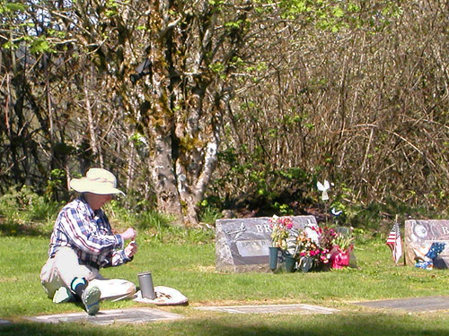 Laurel Ramseyer collecting in Lone Hill Cemetery, south Lewis County, Washington