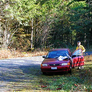 Jerry Austin at parking spot, Potts Road Quarry off South Skagit Highway, Skagit County, Washington