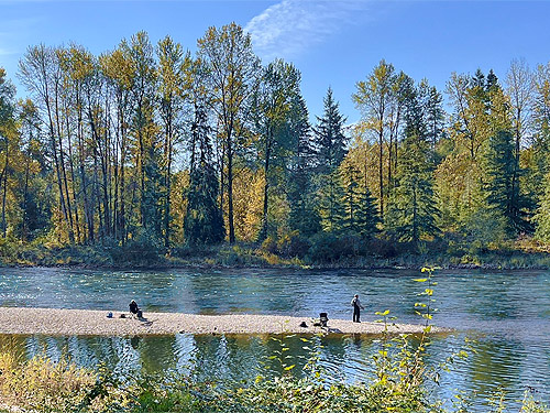 gravel bar with fishermen, Cowlitz River SW of Salkum, Washington