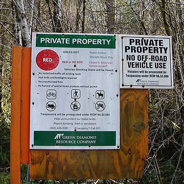 sign on Green Diamond gate, Schafer Grade Road, Grays Harbor County, Washington