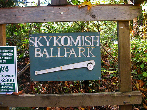 entrance sign for Skykomish Ballpark, Skykomish, King County, Washington