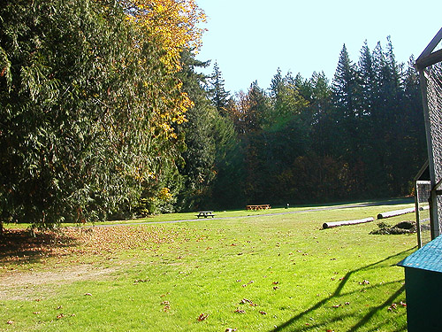 park lawn with picnic tables, Skykomish Ballpark, Skykomish, King County, Washington