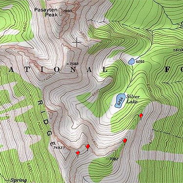 topo map with collecting localities, Pasayten Peak and Gold Ridge, Okanogan County, Washington