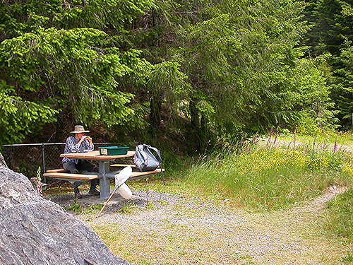 Laurel Ramseyer at picnic table, Spada Reservoir, Snohomish County, Washington