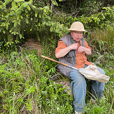 Rod Crawford with beat sample, coastal strip at Stafford Creek mouth, Grays Harbor, Washington