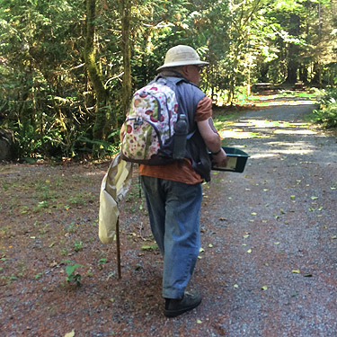 Rod Crawford ready for spiders in Sulphur Creek Campground, Snohomish County, Washington