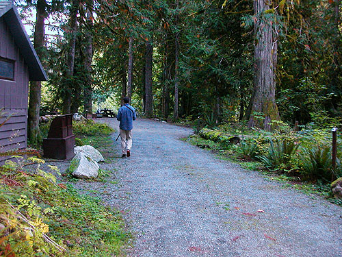 Chris Rurik strolls from outhouse to campsite, Sulphur Creek Campground, Snohomish County, Washington
