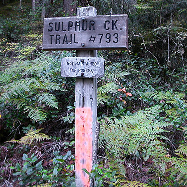 sign for Sulphur Creek Trail, upper Suiattle River, Snohomish County, Washington