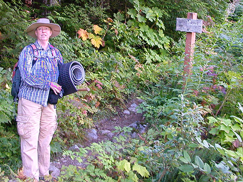Laurel Ramseyer at trailhead, Surprise Creek Trail, NE King County, Washington
