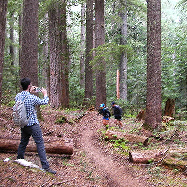 Andrew and 2 joggers on Pacific Crest Trail south of Tacoma Pass, King/Kittitas County, Washington