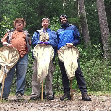 Rod Crawford, Laurel Ramseyer and Andrew McKenna-Foster at upper Tacoma Creek near Tacoma Pass, King County, Washington