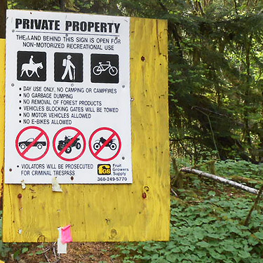 access sign for Fruit Growers Timberlands parcel near upper East Fork Hoquiam River, Washington