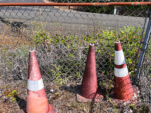 wire fence and traffic cones, St. John's (Wishkah) Cemetery, Grays Harbor County, Washington