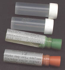 Field vials and permanent vials (neoprene-stoppered) for spider collecting