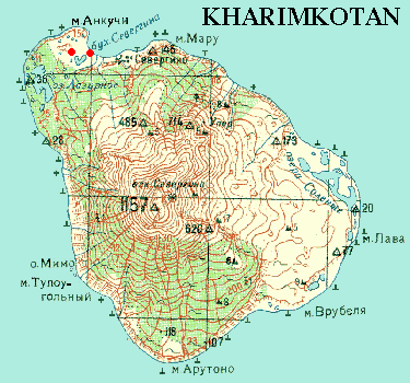 Reduced color topo map of Kharimkotan showing 1996 collecting localities