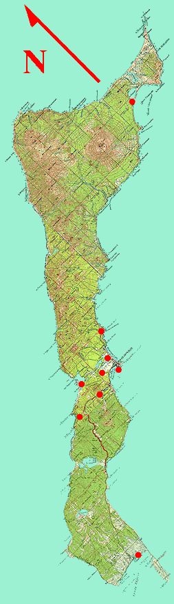 Greatly reduced color topo map of Kunashir showing collecting localities