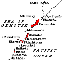 Schematic map of North Kuril Islands showing those visited in 1996