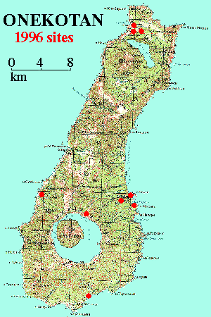 Reduced topographic map of Onekotan Island, with 1996 collecting localities.