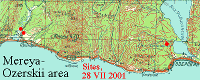 Color topo map showing 2001 collecting sites on the SE coast of Sakhalin