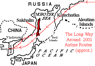 Schematic map showing location of Sakhalin and our roundabout airline route to get there in 2001