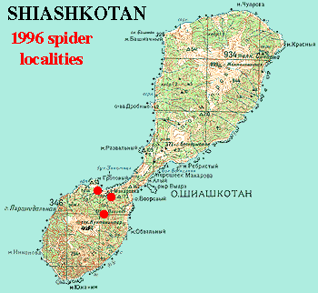 Reduced color topo map of Shiashkotan showing 1996 collecting localities
