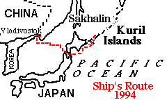 Schematic map showing ship's route from Vladivostok to Kuril Islands