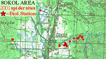 Color topo map showing 2001 collecting sites within walking distance of Sokol, Sakhalin