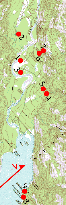 Topographic map (reduced) of Stehekin Valley, Washington showing 1998 spider collecting sites