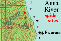 Color topo map showing 2001 spider localities in Anna River Area