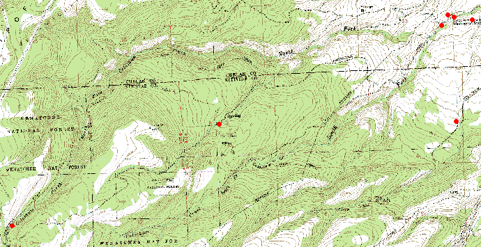 Reduced color topographic map showing 2004 spider localities in Colockum Field Station area