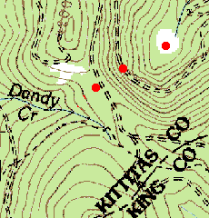 reduced color topo map showing sites around Dandy Creek, August 2004