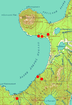 Reduced topo map of Dobroye Nachalo Bay, Iturup island showing 1994 spider localities