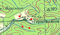 Color topographic map of Gornotayezhnoye village and vicinity showing spider collecting sites