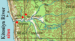 Topographic map of mouth of Kitosiya River, Sakhalin, showing 2001 spider sites